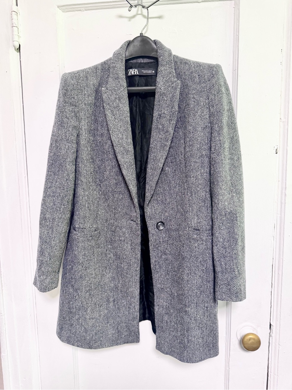 Zara 100% Wool Gray Blue Herringbone Single-Button Women's Pea Coat